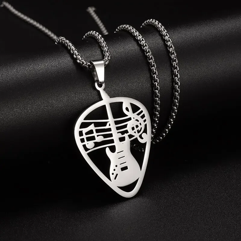 Stainless Steel Guitar Pick Bass Note Pendant Necklace Music Rock Lovers Punk Jewelry for Men and Women