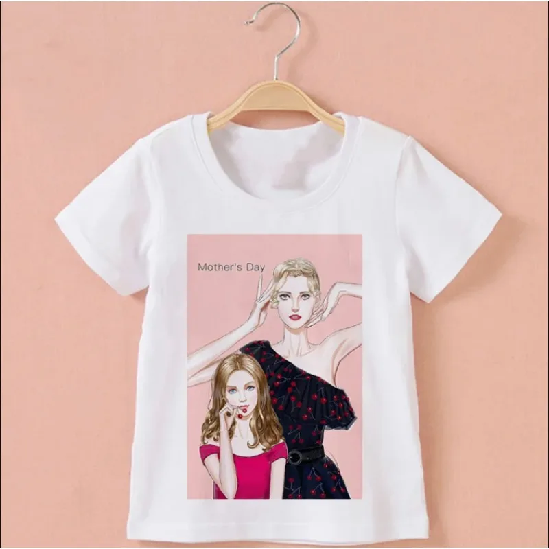 Camiseta branca com gola redonda para crianças, tops do dia das mães, mamãe e bebê, estampa do menino de ação de graças, verão