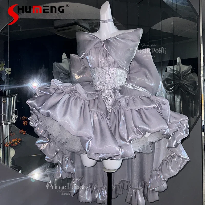 

Women's Fairy Dress Ladies Big Bow Strapless Trailing Princess Ball Gown Dress Female Elegant Lolita Party Dresses Spring Summer