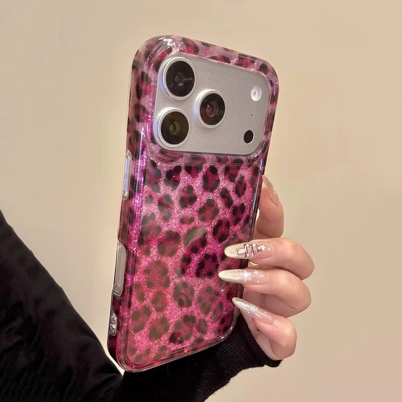 Ins Beliebte Glitzernde Rose Schwarze Leopardenmuster Hülle für iPhone 13 14 15 16 17 18 Pro Max Stoßfeste Harte IMD Rückseite – Detail 8