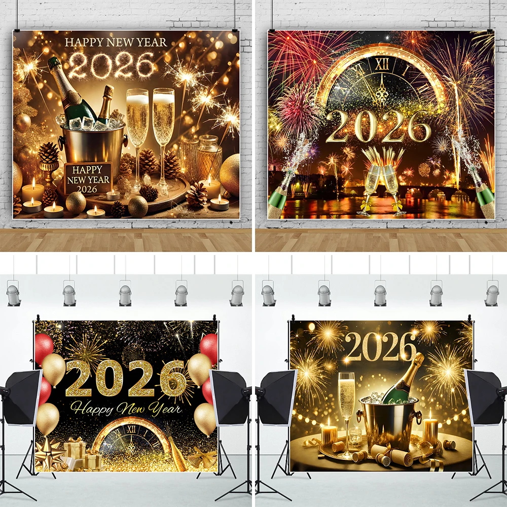 التألق 2026 السنة الجديدة التصوير خلفية الشمبانيا حفلة الذهبي الألعاب النارية ساعة كبيرة العد التنازلي التجمعات العائلية الخلفيات