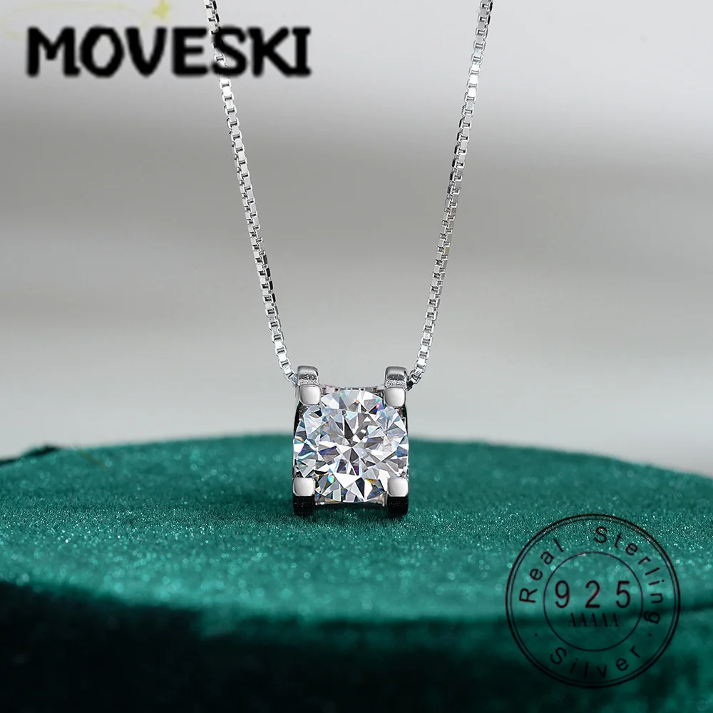 

925 Sterling Silver Moissanite Necklace, 1CT/2CT D Color VVS1 Round Brilliant Cut Solitaire Pendant Jewelry for Women