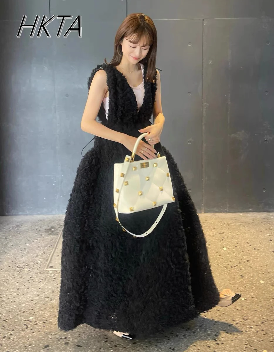 

Japanese New Sweet Girls Sexy Deep V-neck Elegant Flower Black Long Dress Women Niche Fairy Puffy Sleeveless Party Dress Lady