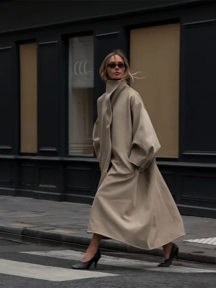 Women Oversized Drop‑shoulder Long Windbreaker High Stand Collar Loose Fit Trench Coat Autumn New Lady Street Commute Outerwear