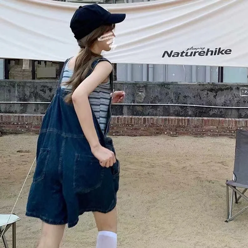 롬퍼 플레이수트 여성 빈티지 데님 여름 루즈 와이드 레그 하이 웨이스트 솔리드 심플 포켓 캐주얼 올매치 한국 스타일 Y2K