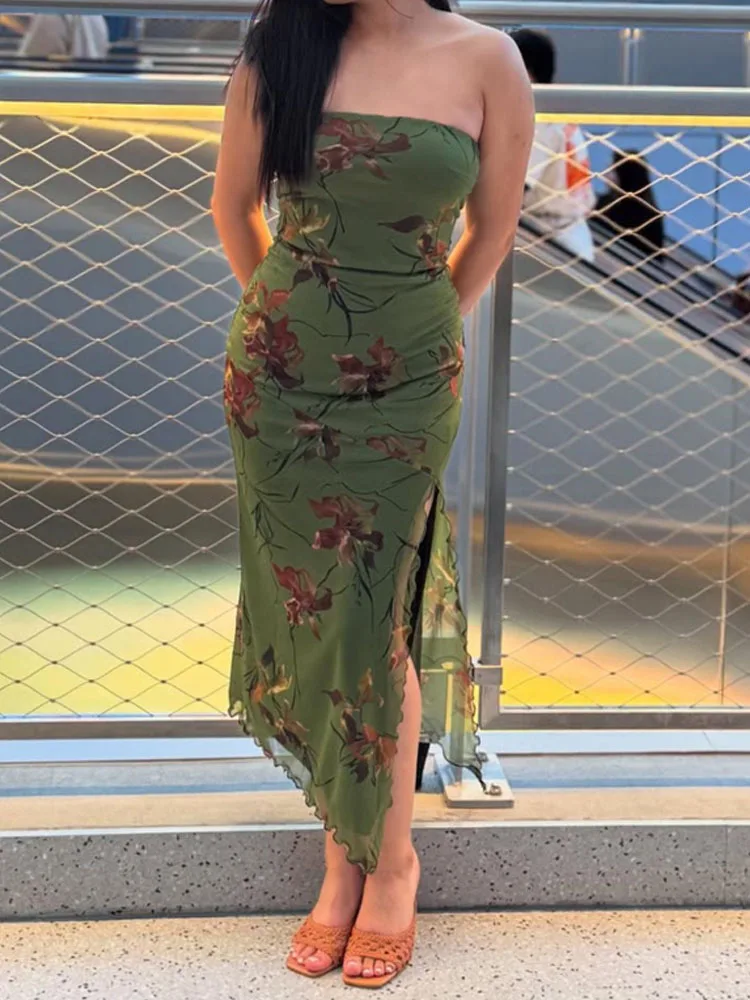 Estilo de férias temperamento emagrecimento retro impressão sexy sem alças split vestido de camada dupla