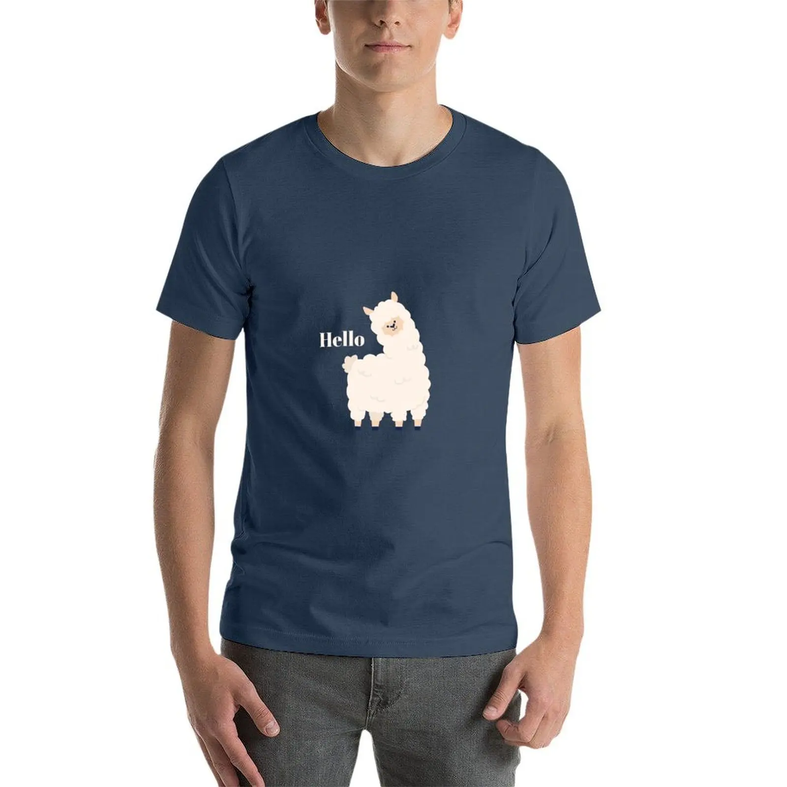 مرحبا اللاما التوضيح الباستيل خلفية زرقاء تي شيرت تي شيرت رجل مصمم رجل تي شيرت للرجال عادية تي شيرت