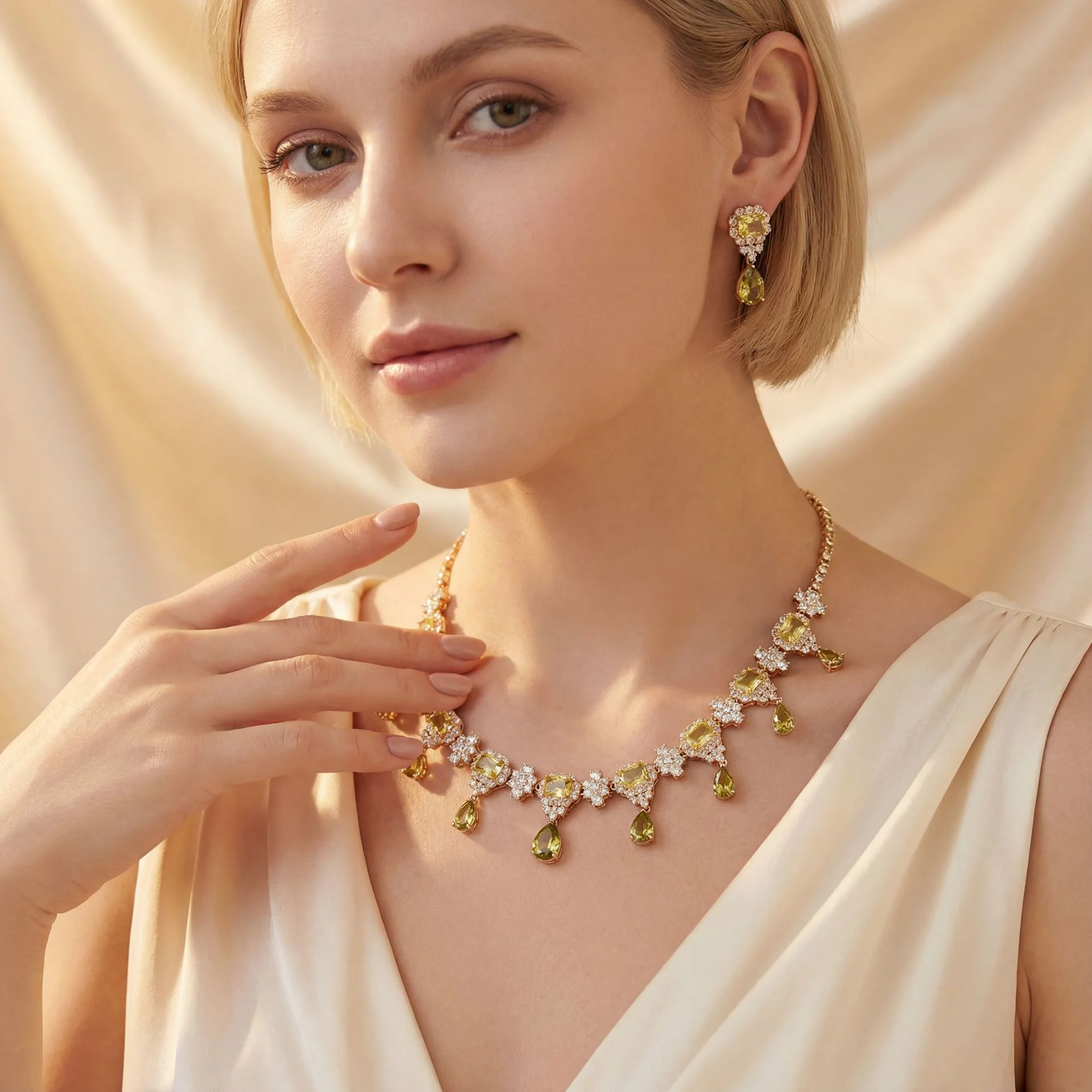 

European Heavy-duty Square & Water Drop Zircon Jewelry Set, Full Micro-inlaid Colorful Gems, Elegant Lady Style Necklace