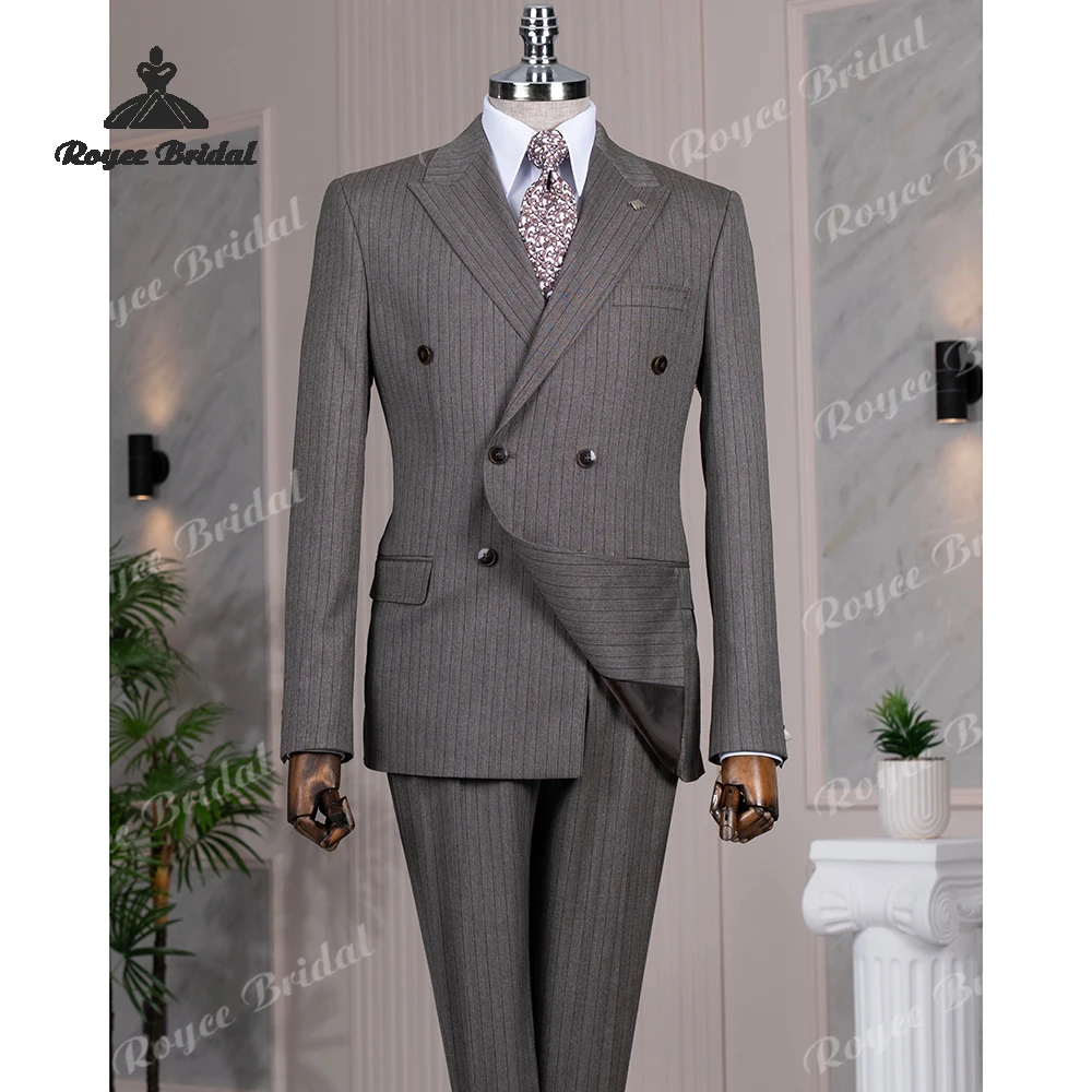 Braun gestreifter zweiteiliger Herrenanzug mit spitzem Revers, Hochzeit 2026, zweireihiger Business-Anzug, maßgeschneidert für Herren