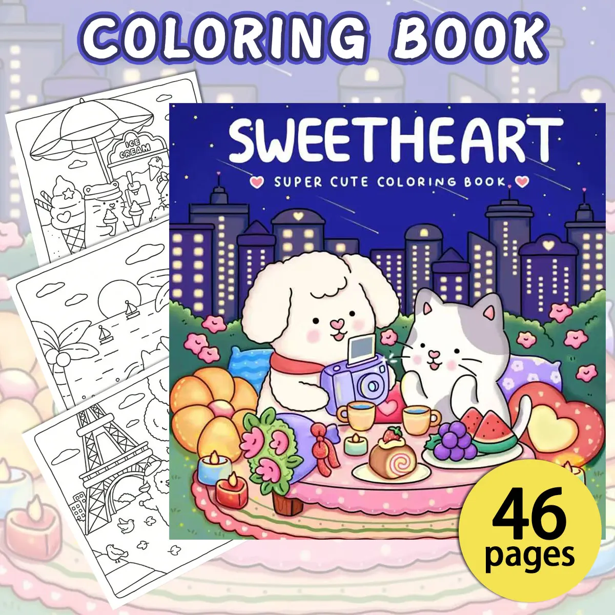 

A lovely coloring book with cozy scenes of pets, plants & animals gathering — great for relaxing alone.