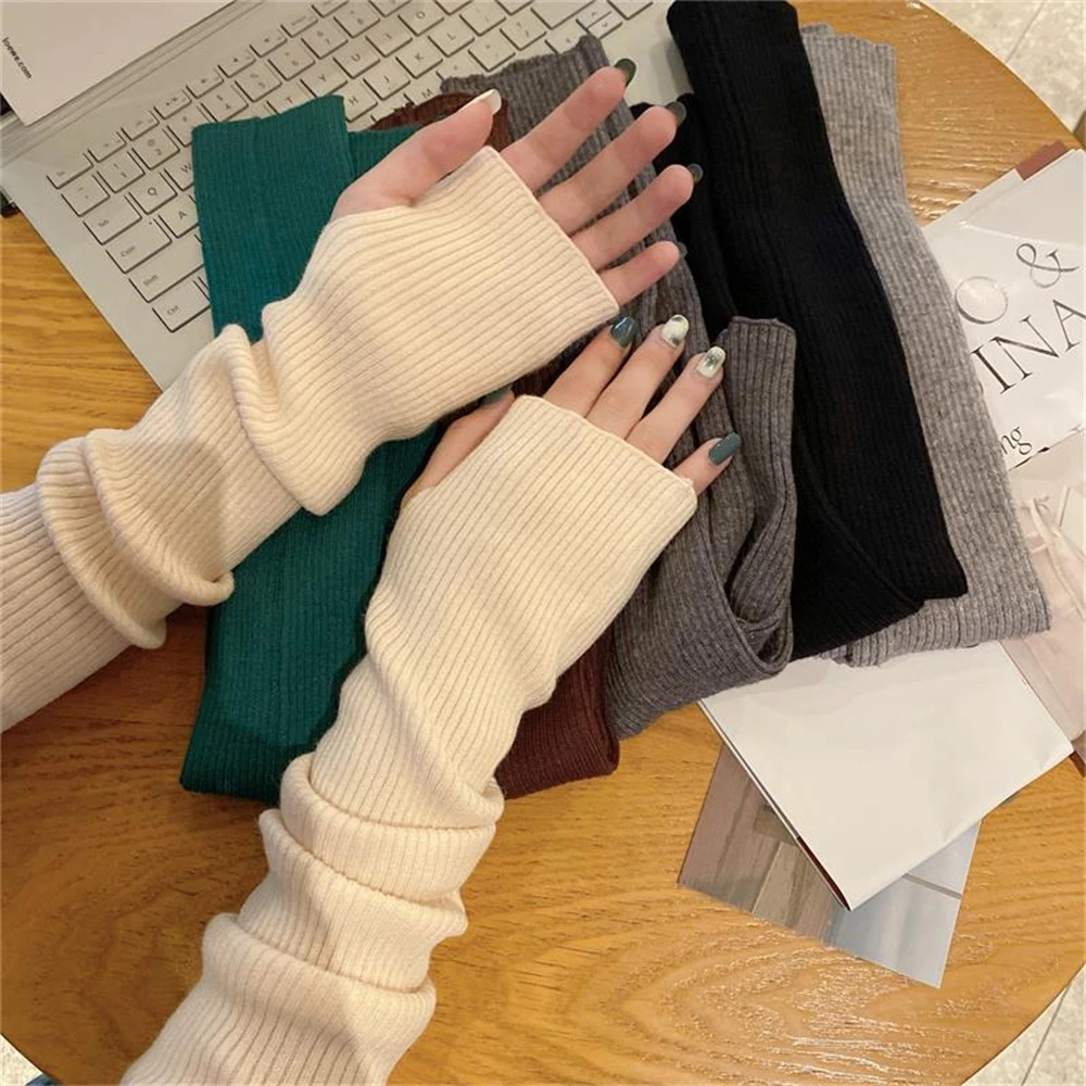 1 Pair Long Knitted Half Finger Gloves Women Winter Fake Sleeve Arm Covers Y2k Lolita Kawaii Mitten Female  Punk Gothic Gloves