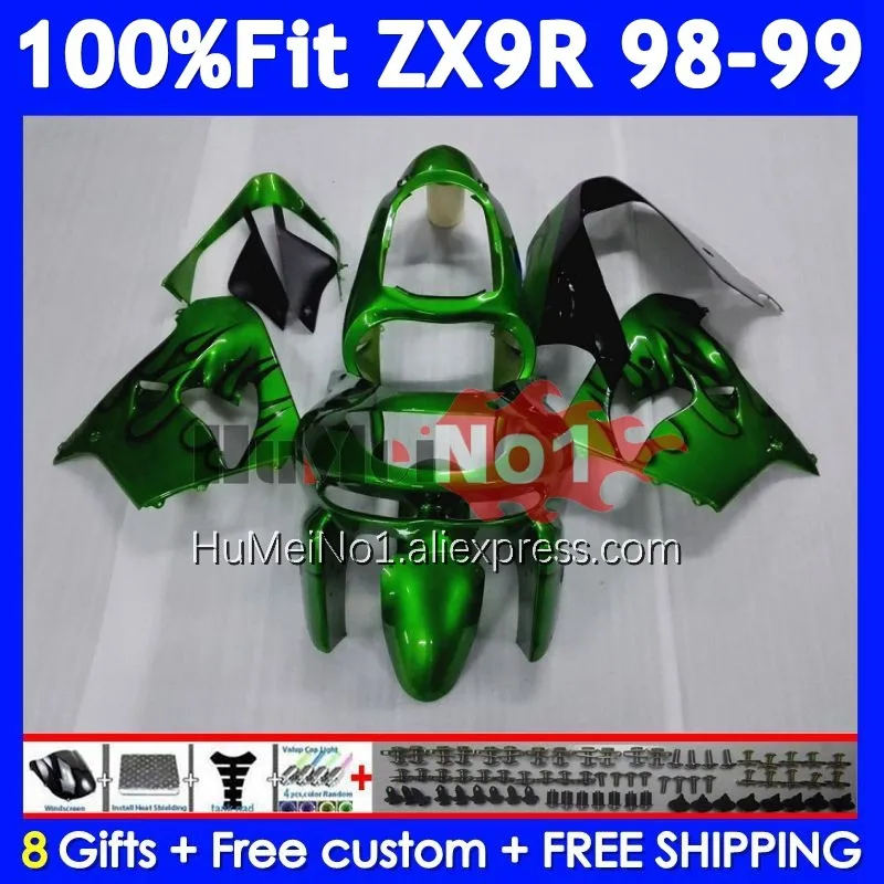 OEM Body For KAWASAKI NINJA ZX 9R 900 CC 9 ZX9 R 213No.22 ZX900 900CC ZX-9R ZX9R 98 99 1998 1999 Injection Fairing Green&Flames