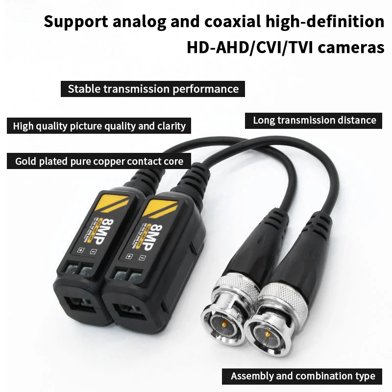 1 Pair Support AHD/CVI/TVI 8MP 4K Camera Cat5e/ Cat6 UTP Cable Connectors Twisted BNC CCTV Video  Passive Transceivers