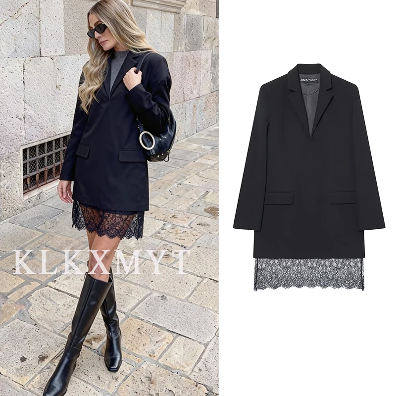 2025 المرأة الخريف الشتاء بدلة على الموضة نمط فستان المرأة أنيقة الدانتيل لصق الديكور طويلة الأكمام هايت فستان الشارع