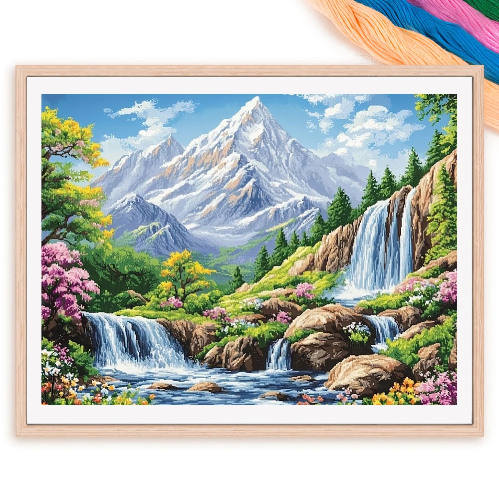 Landschafts-Kreuzstich-Set Schnee-Bedruckte Leinwand Vollständige Stickerei Öko-Baumwollfaden 11CT Handarbeit Heimdekoration