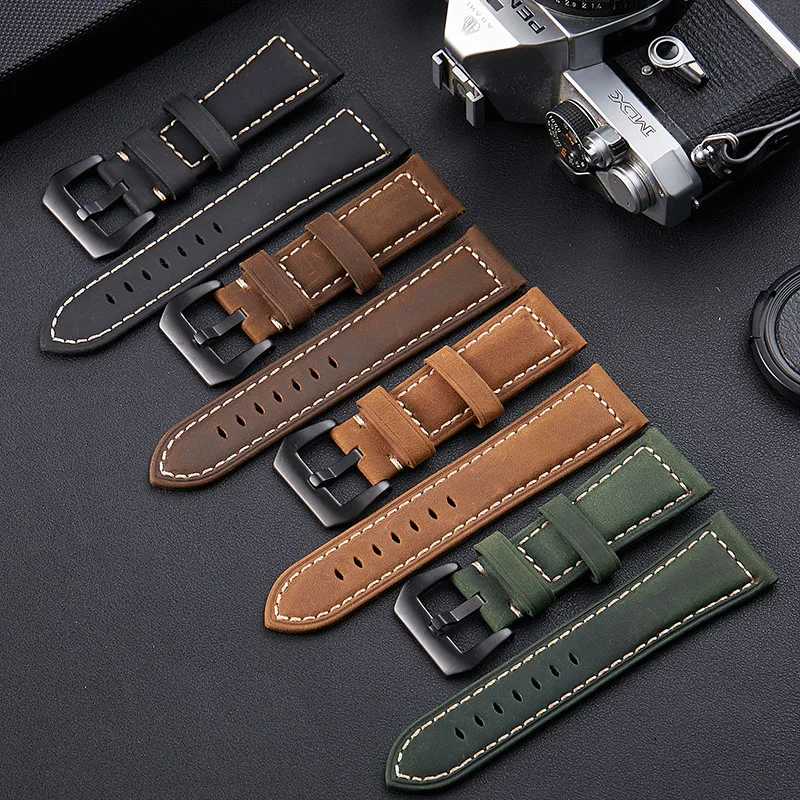 Hot selling genuine leather strap in stock, Mad Horse frosted cowhide top layer, sporty men's rugged Peina watch strap, 20-26mm