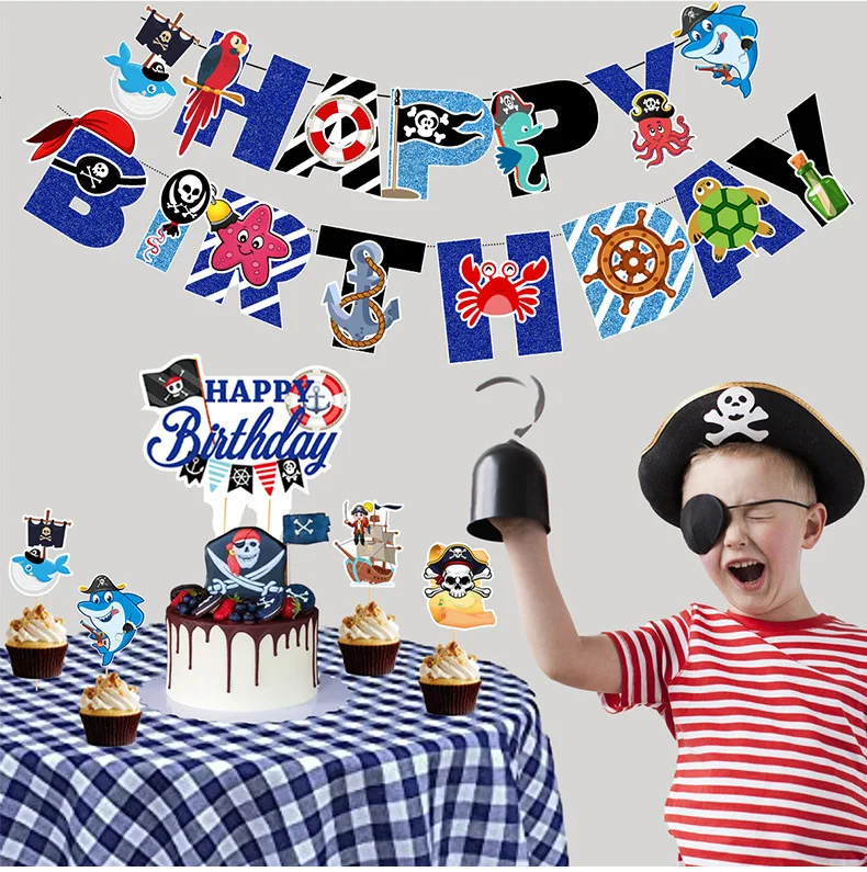 Pirate Theme Party Banner Garland Captain Shark Pirate Ship Pull Flag Kids Birthday Ceiling Hanging Decorations Supplies