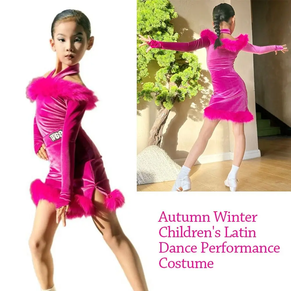 Abito da ballo latino per bambini in velluto Costume da ballo professionale rosa rossa per sala da ballo Cha Cha Rumba Abiti per spettacoli di danza