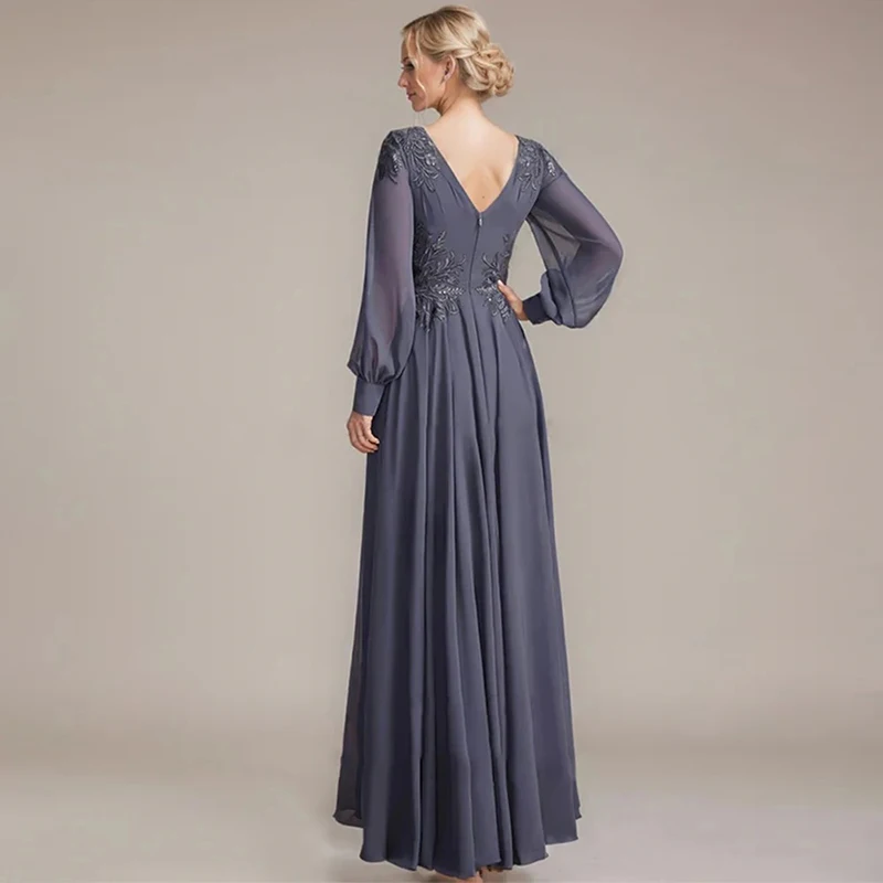 Elegant V-Neck Evening Dress with Lace Appliques Mother of Bride Dresses Long Sleeve Chiffon Formal Gown for Wedding Party Dress
