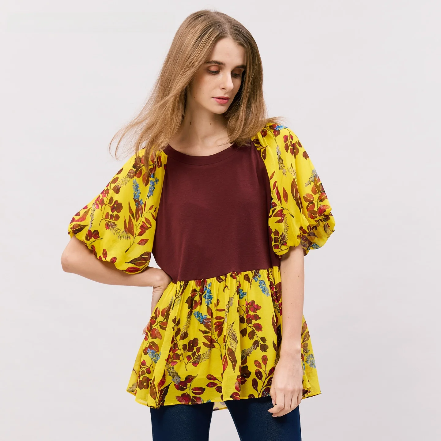 

und ow 2025 Summer New Bubble Sve Print Splicing Color Blo Slimming ort Women's irt Vintage Sle Loose Fit