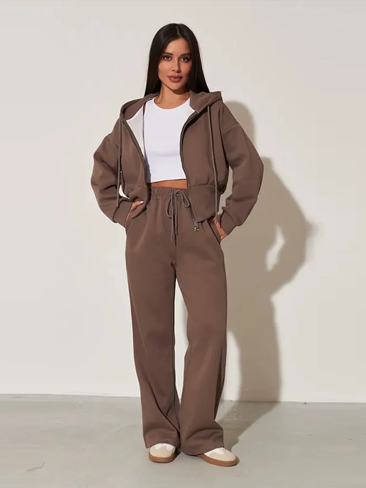 Solid Casual Long Pants Set Zip Hoodie Drop Shoulder Long Sleeve Jacket Elastic Waist Drawstring Wide Leg Trousers Women Suit