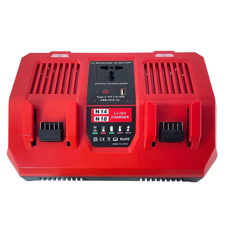 

6A Fast-Charge Dual-Port Battery Charger for Milwaukee 18V Lithium Battery with Inverter USB Port Supports Simultaneous Charging