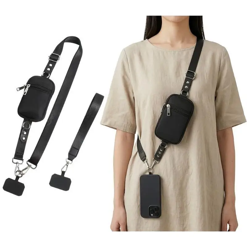 Crossbody Phone Lanyard Adjustable Detachable Zipper Pouch Universal Tear Resistant Phone Strap for Amusement Park Trips