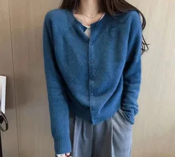 Maglione Cardigan allentato a maniche lunghe con scollo tondo solido Casual da donna, autunno e inverno