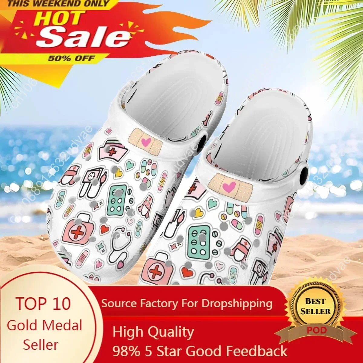 

Summer Beach Slip-on Sandals Lightweight Flats Wear Resistant Hole Shoes Hospital Medical Nurse Print Women Slipper Nurse Clogs