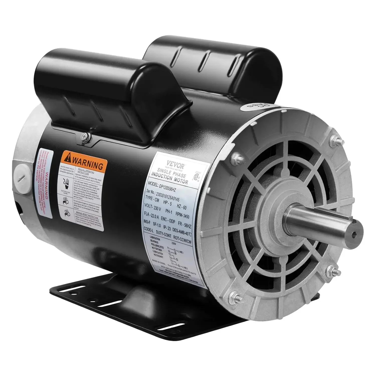 5HP Air Compressor Motor, 230V 22 Amps Electric Motor, 3450RPM 56HZ Frame, 7/8