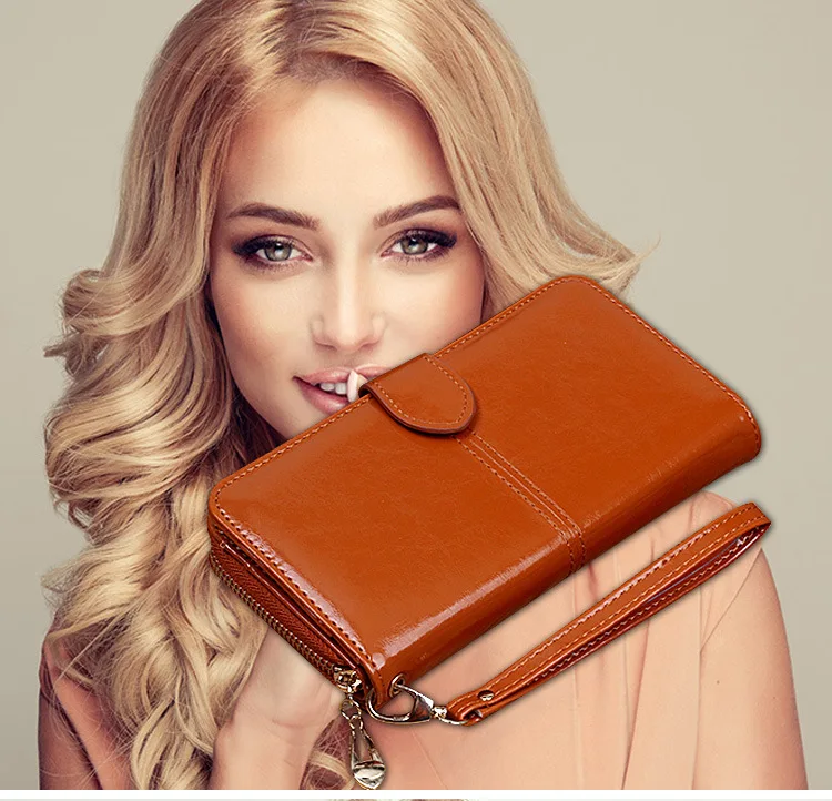 Cross-Border New Ladies' Purse Oil Wax Leather Retro Long Wallet Large-Capacity Handbag Multifunctional Mobile Phone Bag