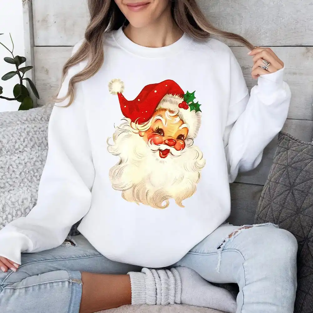 Damen Weihnachten Gemütliches Fleece Sweatshirt Vintage Santa Weihnachten Urlaub Sweatshirt Langarm Fleece Y2K Sweatshirt Streetwear