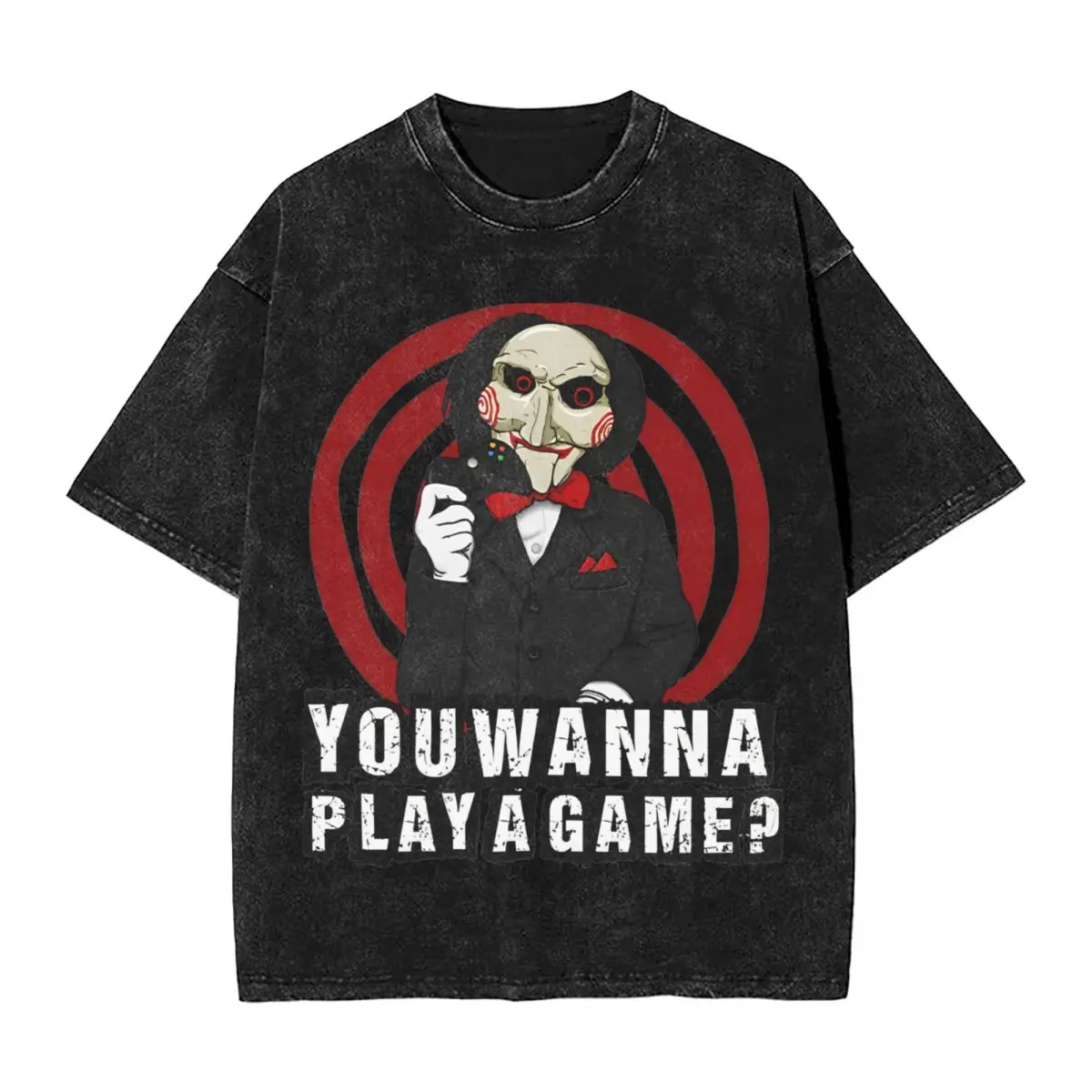 Washed T Shirt Saw You Wanna Play A Game Hip Hop T-Shirt Horror Billy Streetwear Short Sleeve Summer Tops Tees for Men Women