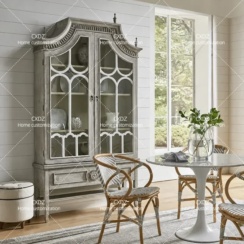 American Light Luxury Solid Wood Wine Cabinet Villa Living Room Neoclassical Carving Old Dining Side Cabinet French Retro
