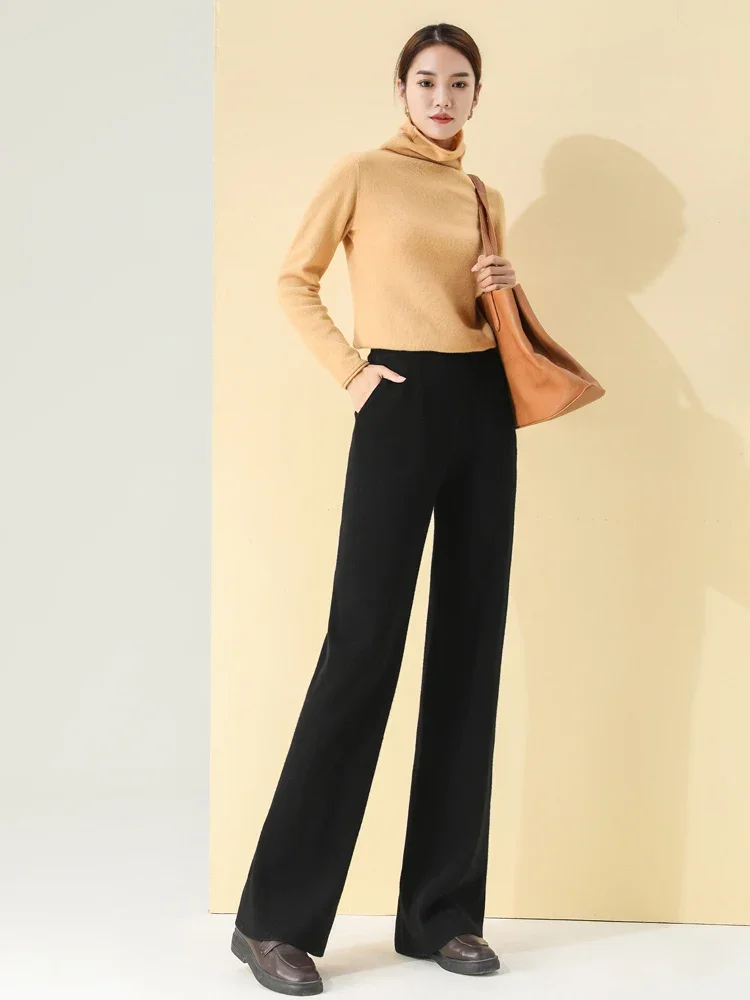 Women 100% Wool Full Needle Rib Knit Loose Pants Thick All-match Wide Leg Pants Soft Merino Wool Autumn Winter Long Trousers