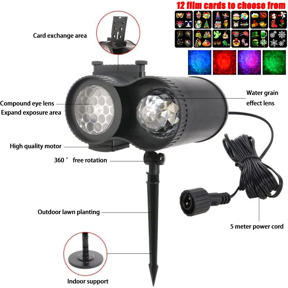 أضواء الإسقاط بالليزر LED للماء ، مصباح المسرح ، عطلة في الهواء الطلق ، حفلة عيد الميلاد ، 12 مصباح نمط بطاقة التغيير