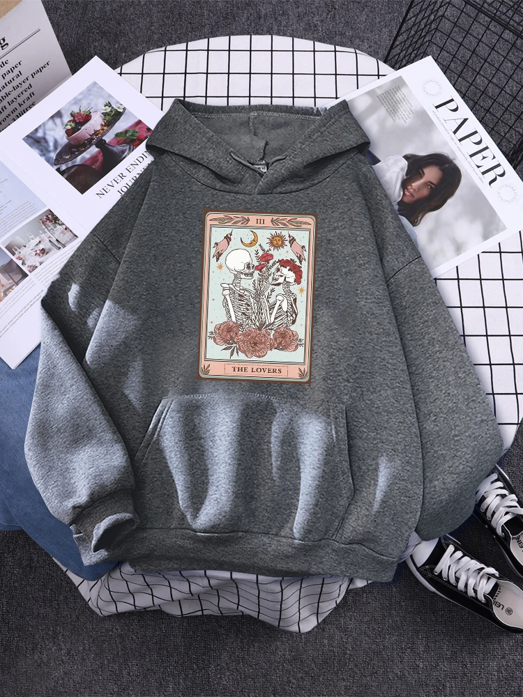 Skeleton Tarot Card The Lovers Vertical Poster Print Perfect Ideas Female Hoody Oversize Clothes Loose Hooded Autumn Tracksuit