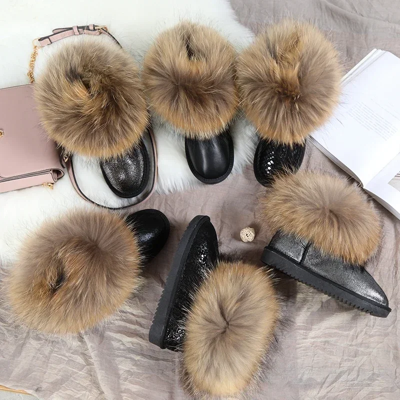 fox fur snow boots women\'s short boots winter genuine cowhide non-slip cotton shoes