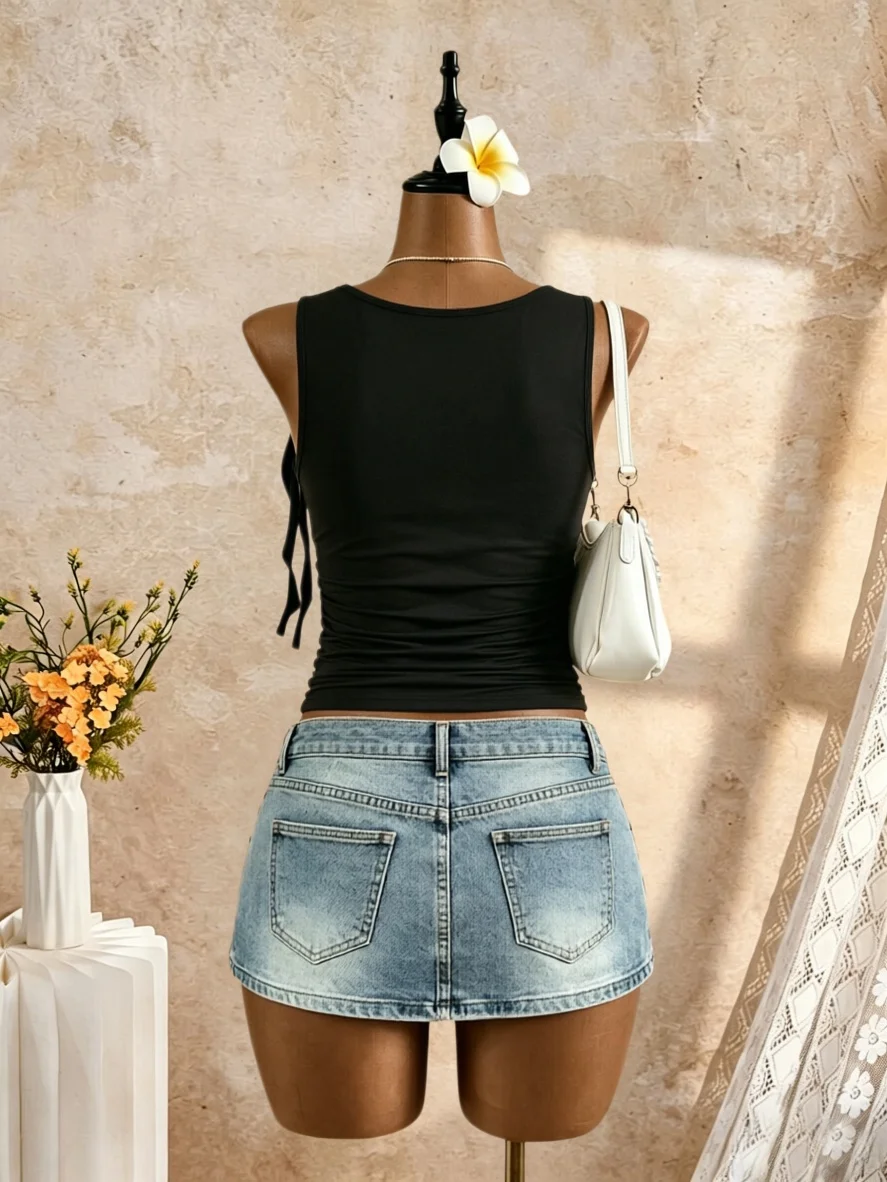Women Crew Neck Sleeveless Tank Top Side Ruched Waist Single Shoulder Tie Bow Slim Fit Solid Black Summer Casual Camisole Vest