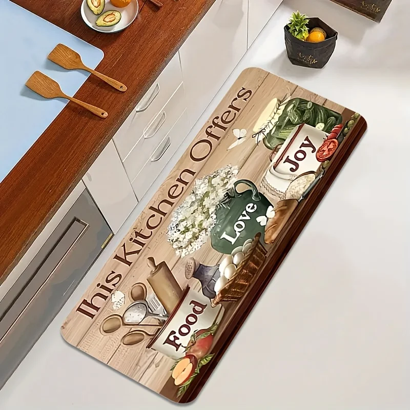 This Kitchen Offers Food Love Joy Wooden Print Kitchen Runner Rug Vintage Cooking Utensil Fruit Floral Anti Slip Long Floor Mat