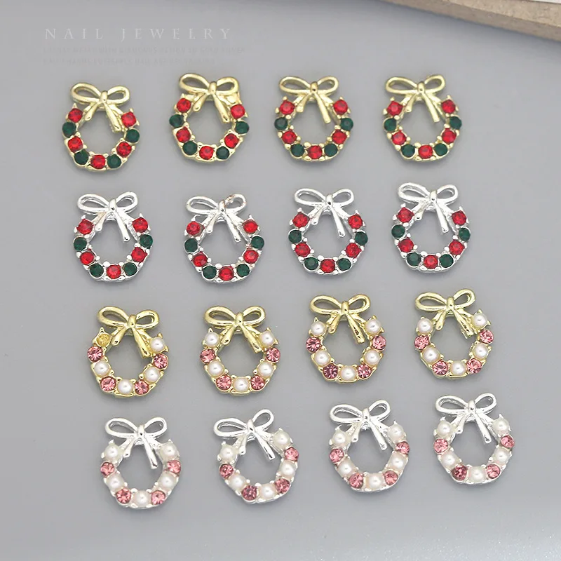 ‌ 10개 글리터 펄 다이아몬드 크리스마스 리스 네일 장식 리본 디자인 액세서리 공급 휴일 매니큐어