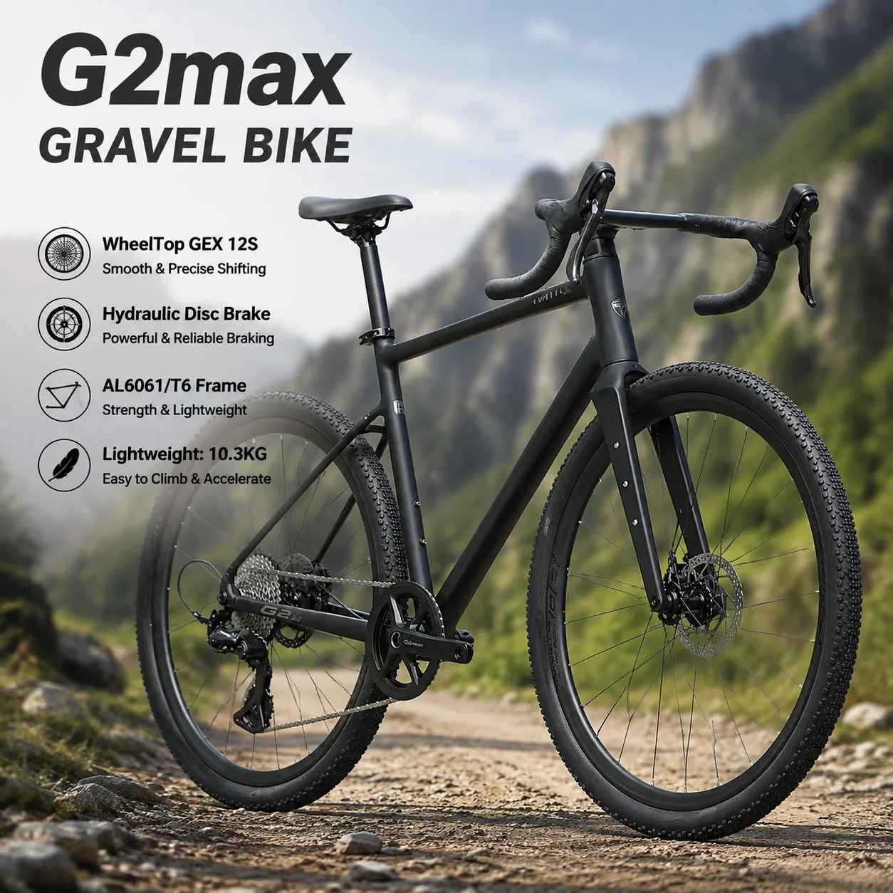 G2max 700C Gravel Bike AL6061 Aluminum Frame Cycling WheelTop GEX 12S Wireless Shift Road Bike Hydraulic Disc Brake UDH Bicycle