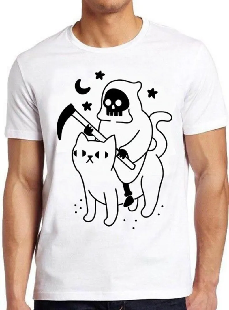 

Death Rides On Cat Grim Reaper Halloween Funny Hilarious Witty Funny Meme Gift Tee Cult Movie T Shirt 681