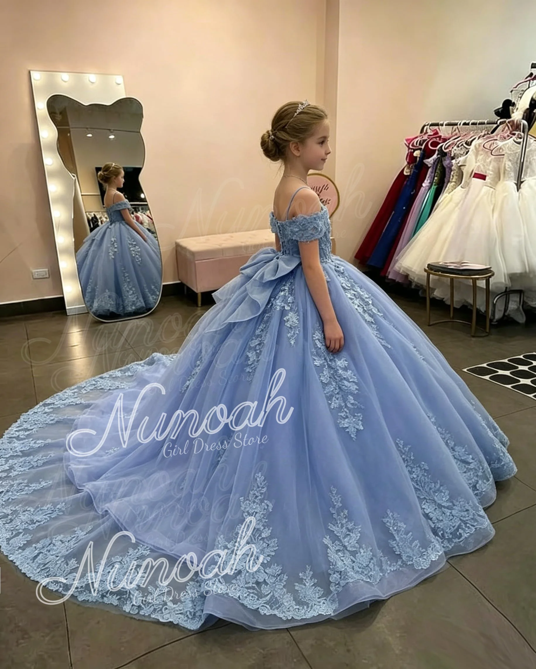 Blue Flower Girl Dresses for Wedding Lace Appliques Princess Kids Birthday Party with Trail Bow First Communion Gown Customized