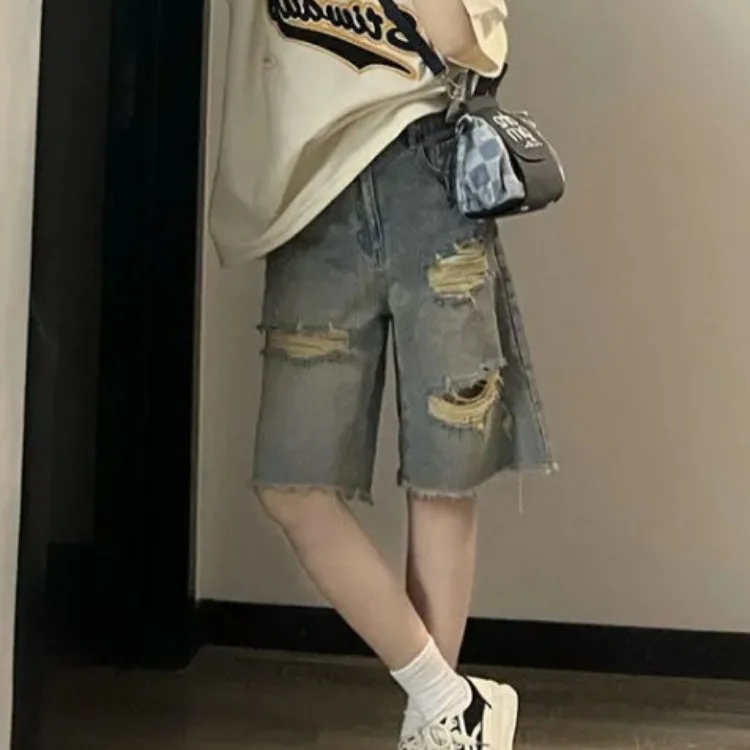 American Street Hole Five-point Pants Women Y2k High Waist Straight Denim Shorts 2024 New Loose All-match Wide Leg Jeans