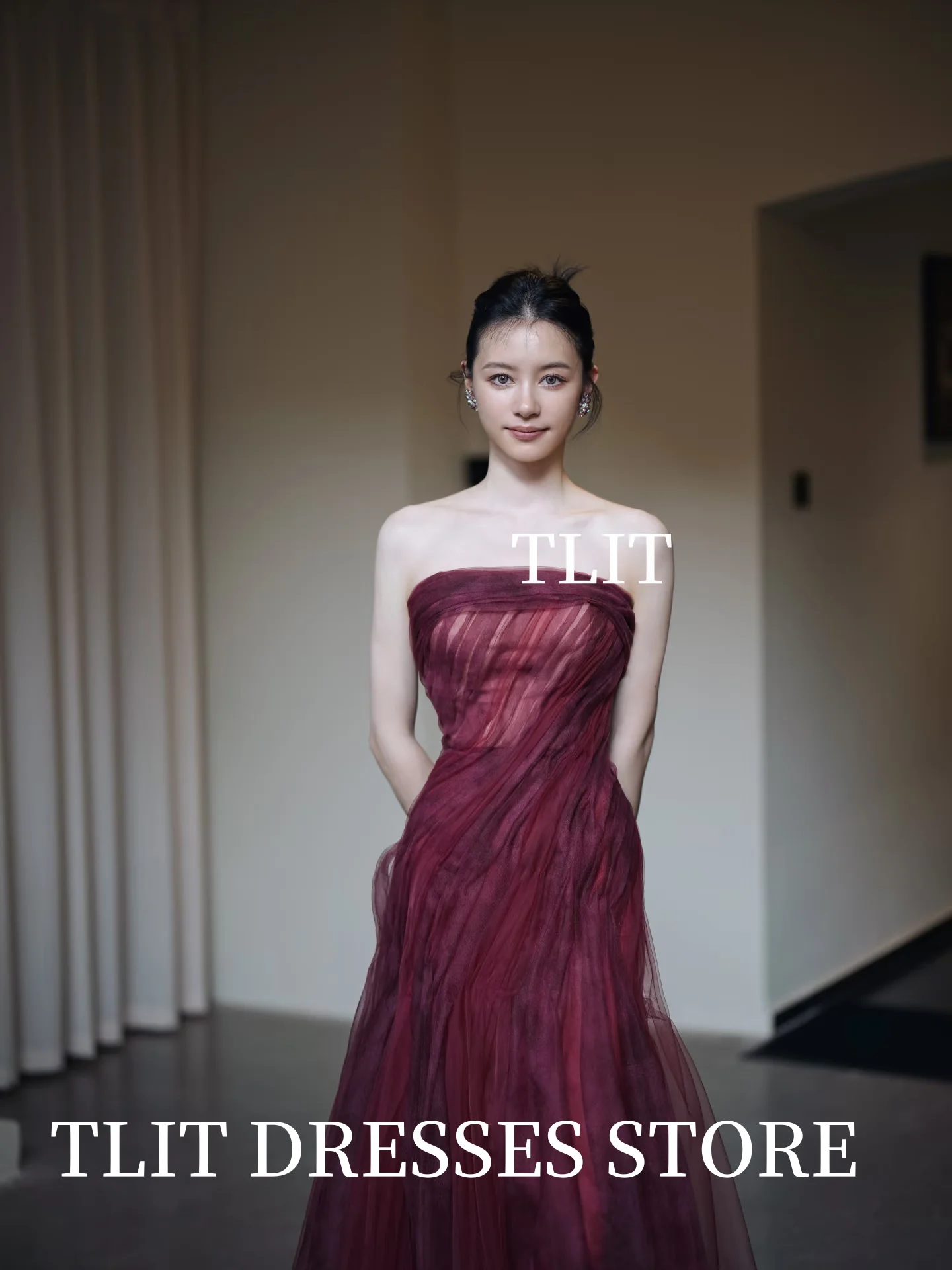 TLIT ง่ายไวน์แดง Tulle ชุดราตรีที่กําหนดเอง เกาหลีชุดแต่งงานถ่ายภาพ Strapless Sweep Train Gowns