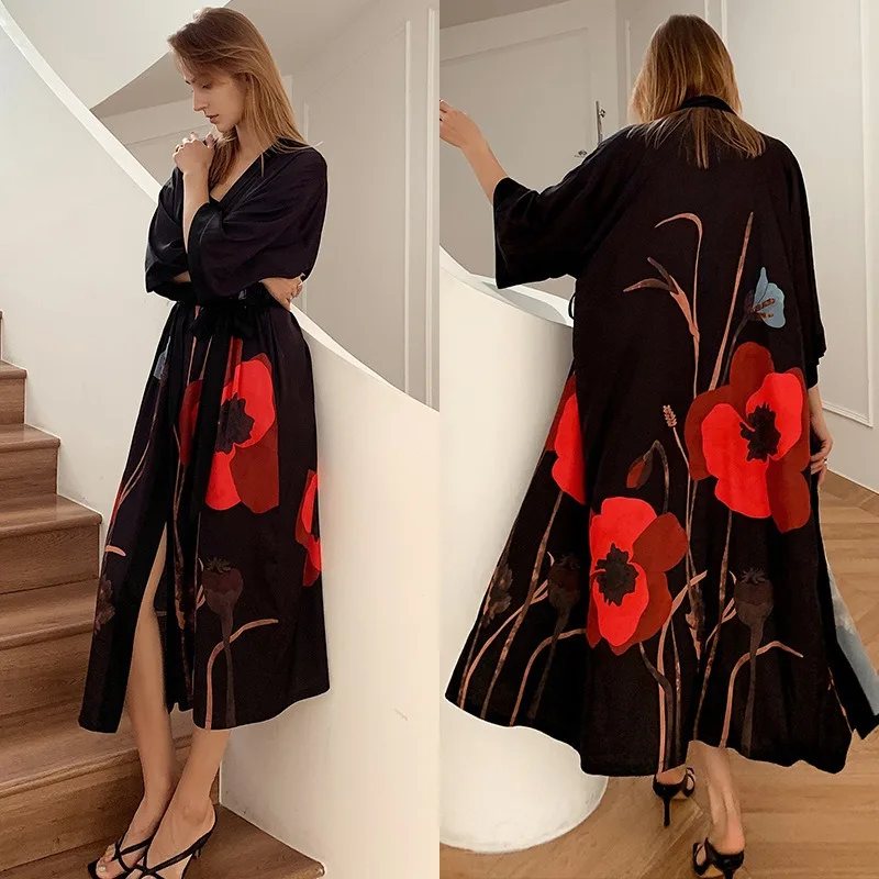 Smooth and Soft Satin Printed Pajamas Women's Summer Large Size Light Luxury Seven-quarter Sleeves Cool Long Pajamas Loungewear