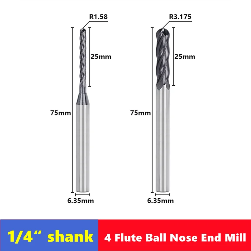 ดอกกัดปลายมน 4 ฟัน ขนาดก้าน 1/4 นิ้ว, ดอกกัดคาร์ไบด์แข็ง HRC55 สำหรับเครื่อง CNC พร้อมใบมีดกัดเกลียวยาว 3 นิ้ว