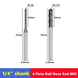 1/4 Inch Shank 4 Flutes Ball Nose End Mill， HRC55 Solid Carbide CNC Router Bits  with 3 Inch Long Spiral Milling Cutter