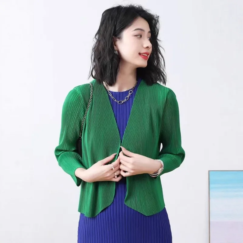 Miyake 2026 Klassieke Nieuwe Tops Dames Casual Eenvoudige Losse Peplum Lange Mouw Vest Tuniek Elegante Comfortabele Stretch Kleding